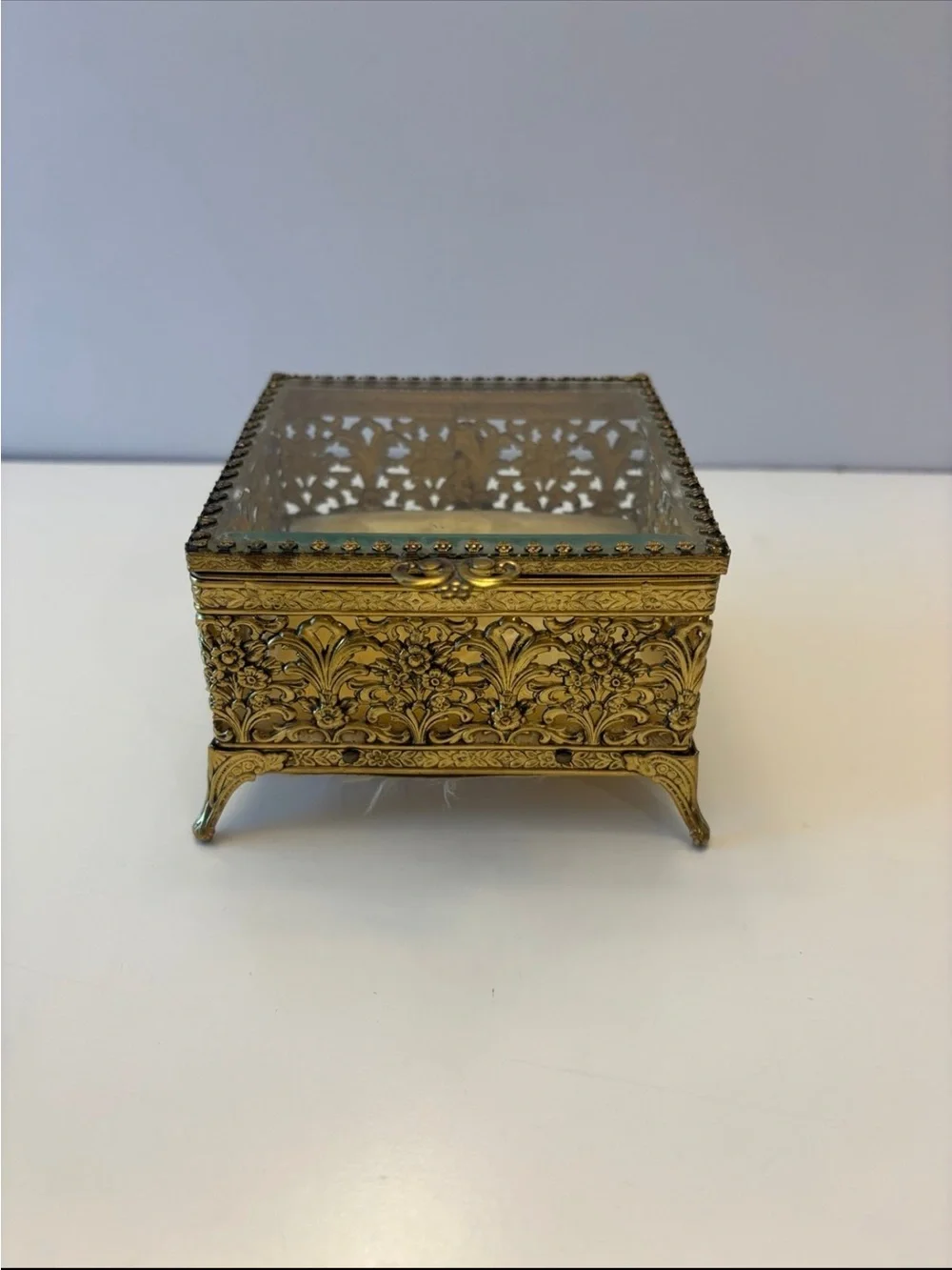 Vintage brass glass jewelry trinket box!